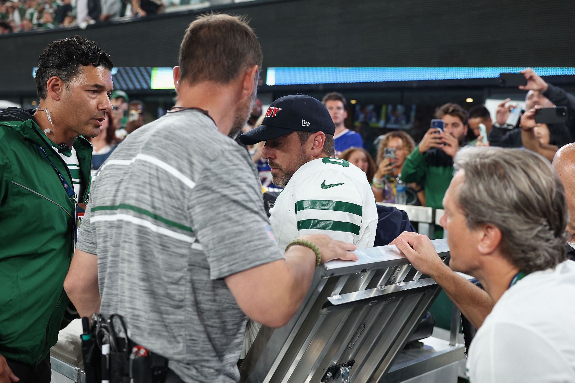 Aaron Rodgers carted off with an Achilles injury during Buffalo Bills v New York Jets