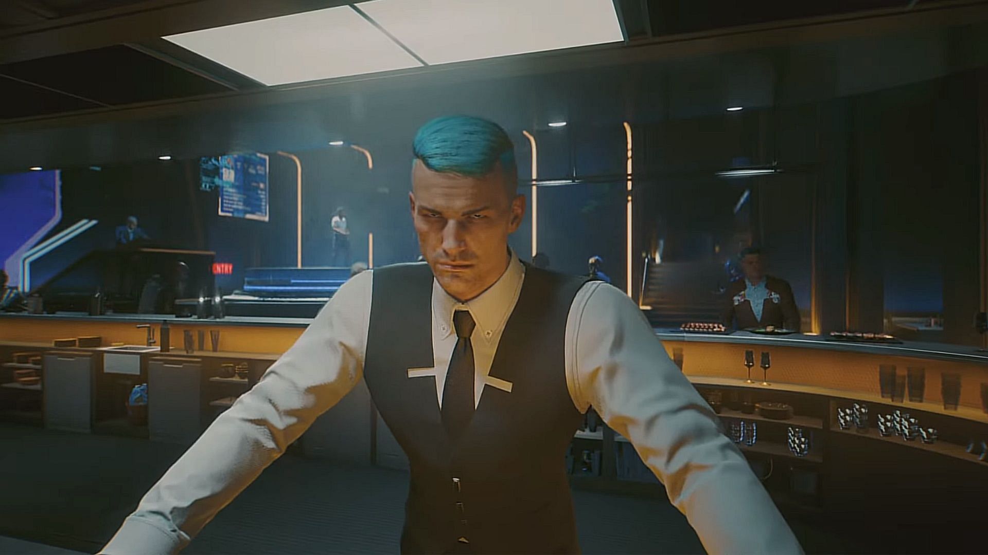 This bartender can get you behind the security room if you want, but you&#039;ll still likely have to resort to violence. (Image via CDPR)