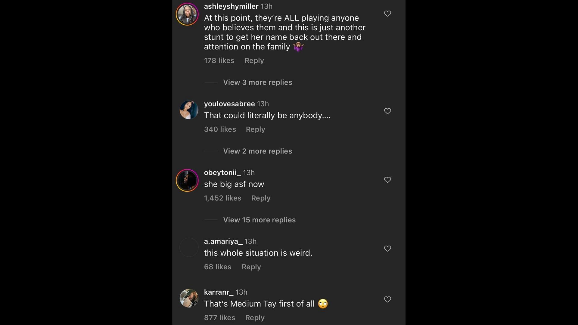 Screenshot of Internet users remarking on Tay&#039;s appearance at the Los Angeles International Airport. (Photo @theshaderoom/Instagram)