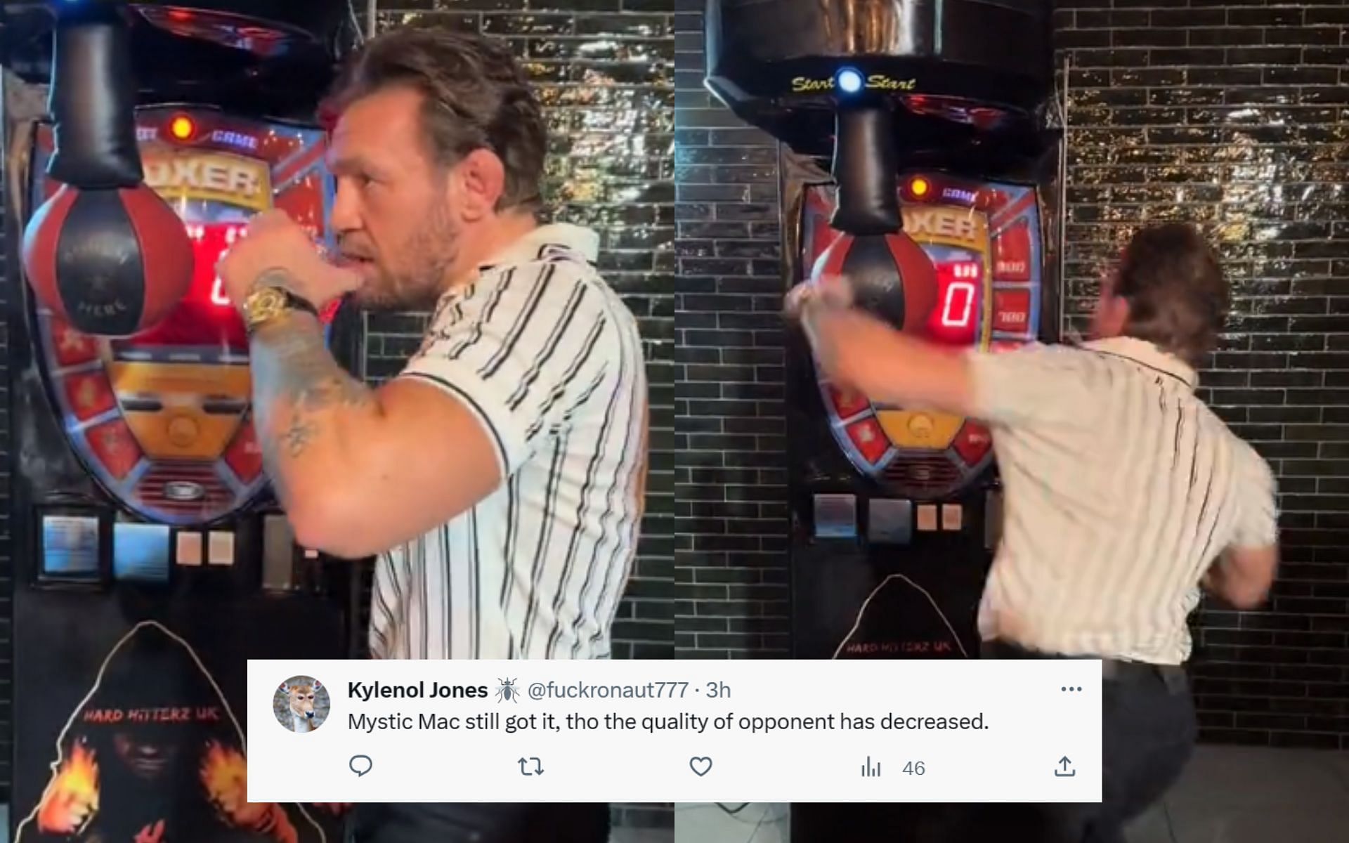 Conor McGregor drinking (left) and Conor McGregor punching the machine (right) (Image credits @TheArtOfWar6 on X)
