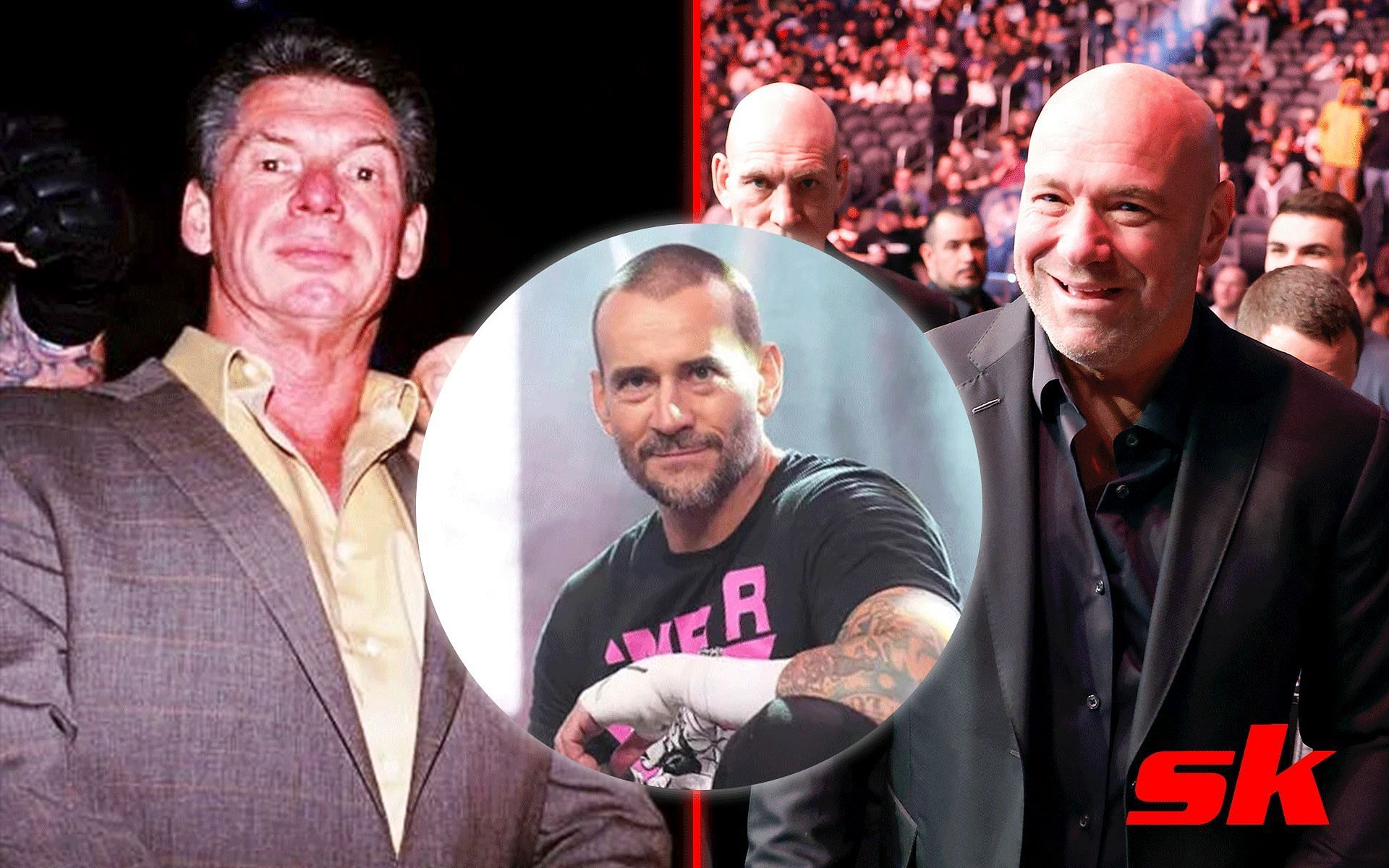 Vince McMahon (left), CM Punk (middle) and Dana White (right) [Image credits: @WrestlingWCC and @290KfzBG on Twitter]