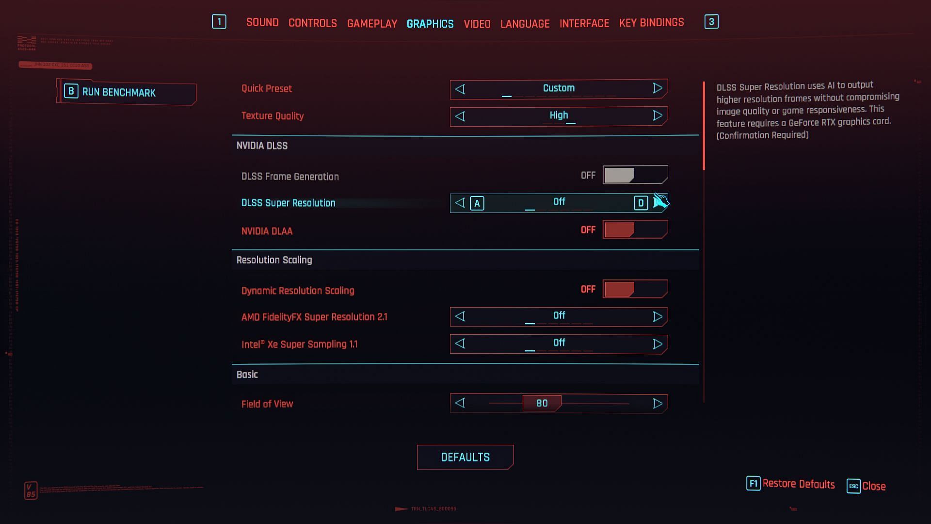 The graphics settings page in Cyberpunk 2077 (Image via CD Projekt Red)
