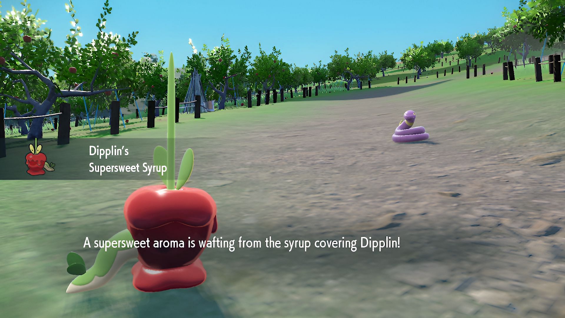 Dipplin uses Supersweet Syrup to reduce an Ekans&#039; evasion in Pokemon Scarlet and Violet (Image via Game Freak)