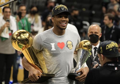 2021 NBA Finals: Giannis Antetokounmpo celebrates.