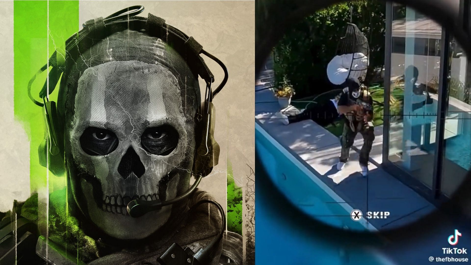 Ghost Operator face on the left and real life recreation of MW2 gameplay clip on the right.