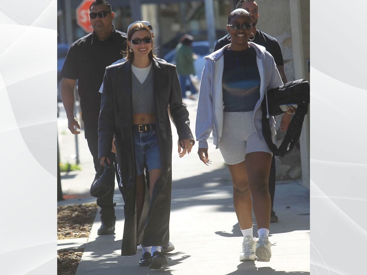 Hailey in Jorts and a double breast coat. ( Image via Getty)