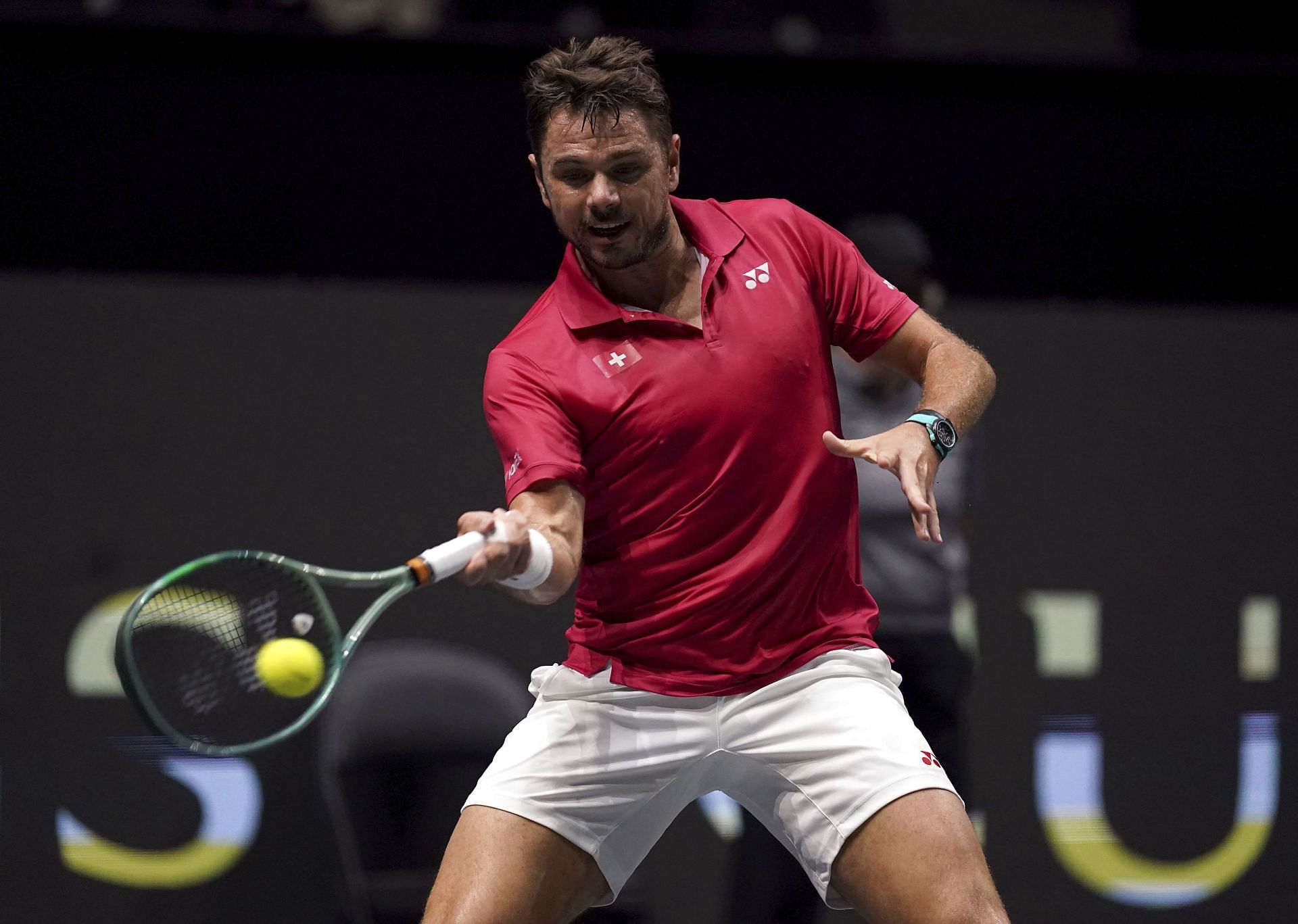 Stan Wawrinka hits a forehand against Ugo Humbert during the 2023 Davis Cup Finals Group Stage