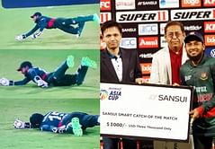 [Watch] Mushfiqur Rahim takes a stunning catch during Bangladesh's group B match vs Afghanistan in Asia Cup 2023