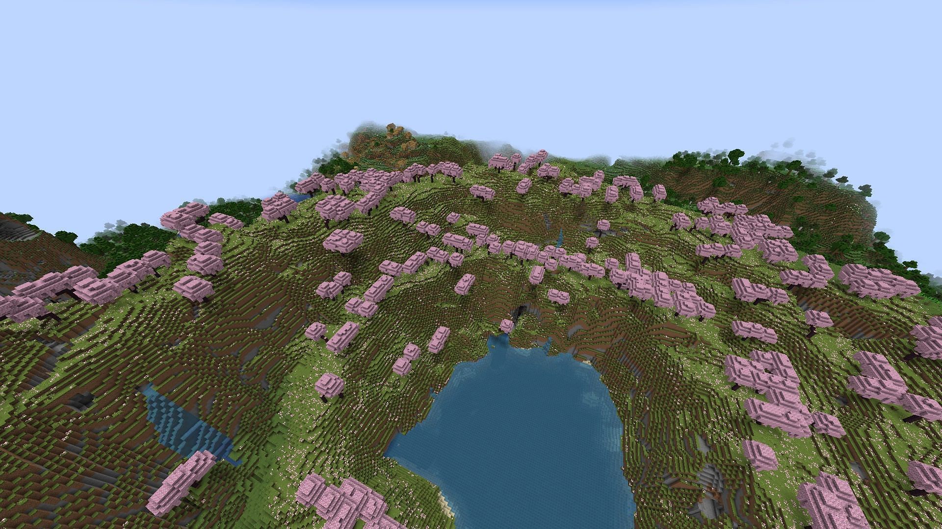 A beautiful lake in the middle flanked by cherry trees (Image via Mojang Studios)