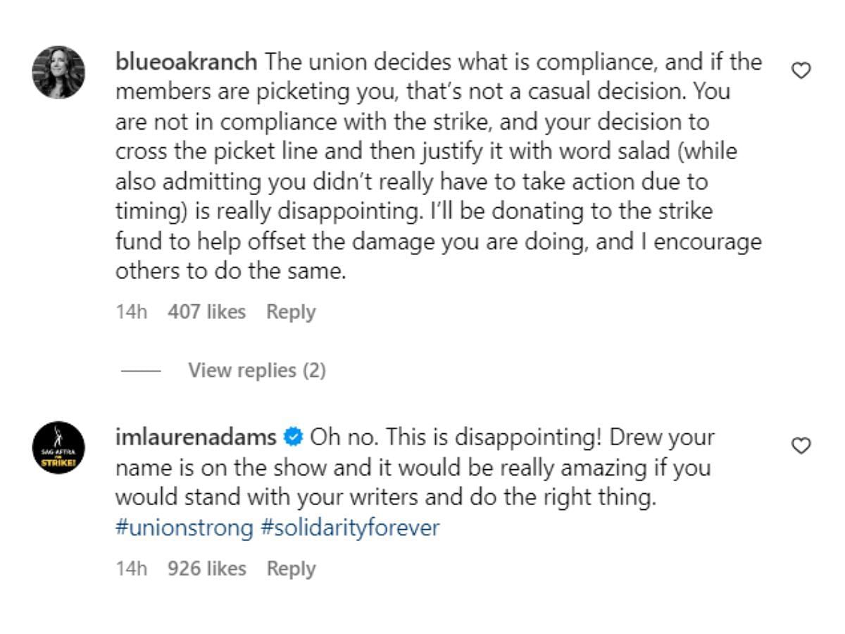 A still of responses to Drew Barrymore&#039;s Instagram post (Image Via drewbarrymore/Instagram)