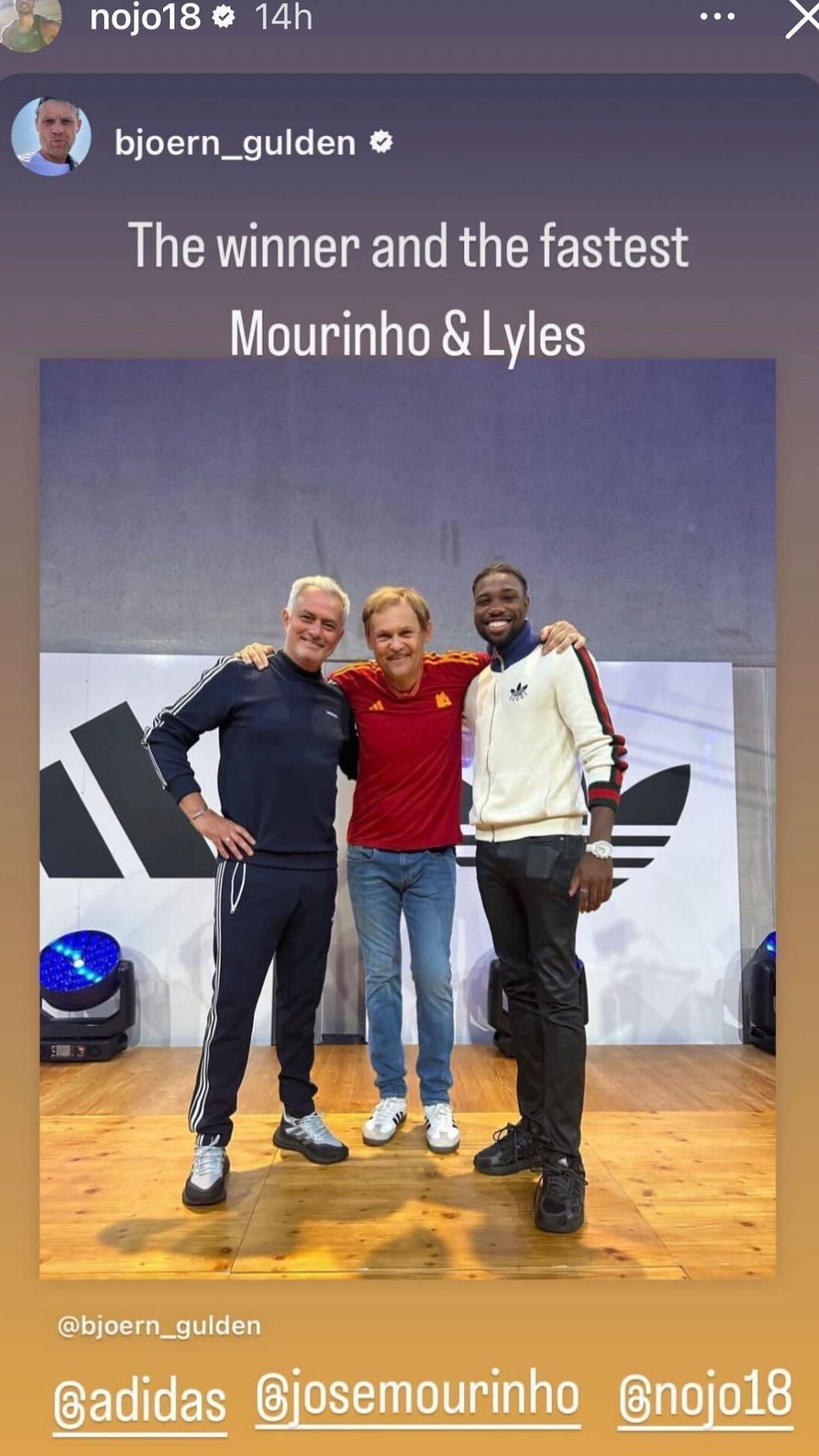 Noah Lyles, Jose Mourinho and Bjorn Gulden sharing a frame (Image via Instagram)