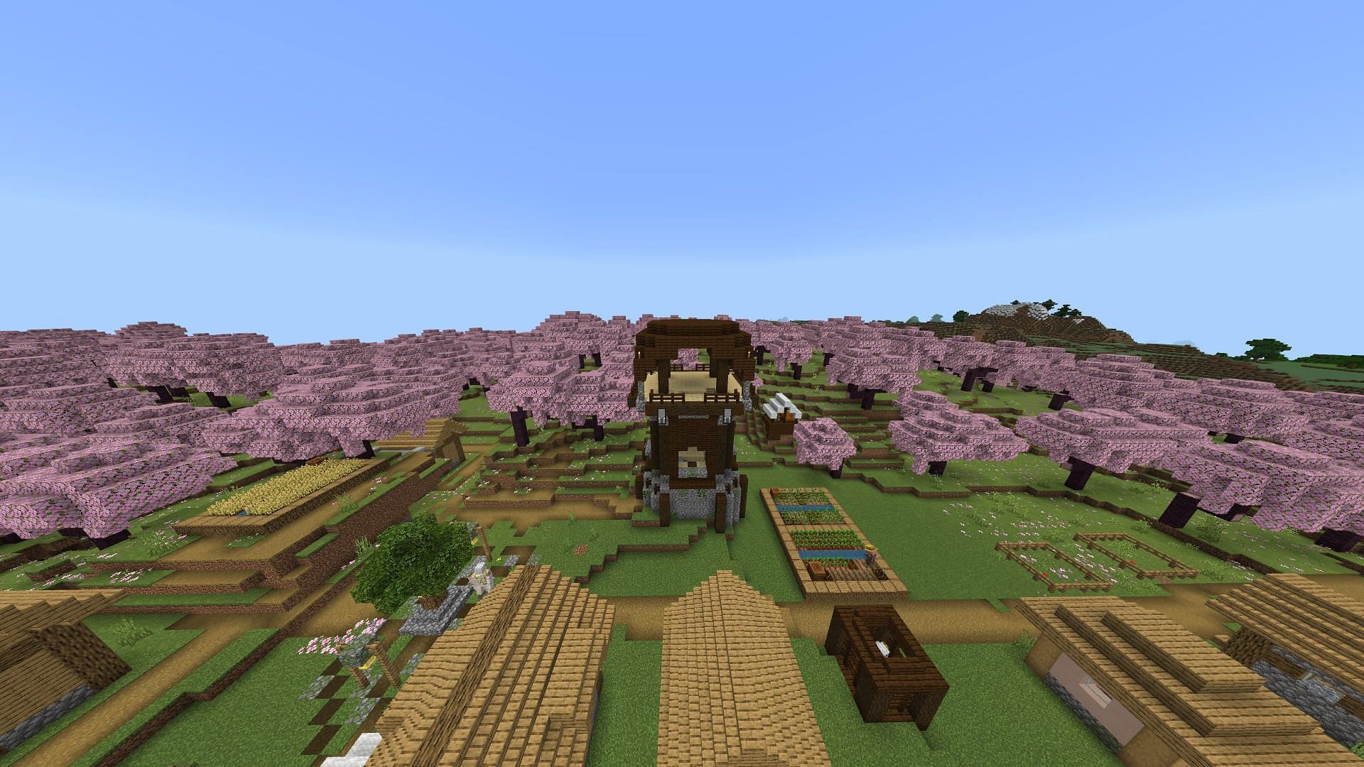 Friendly village, cherry wood, and hostile mobs in one biome in Minecraft (Image via Mojang Studios)
