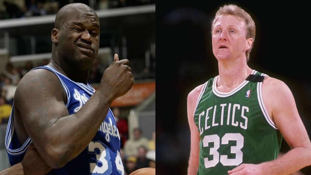 Shaquille O&#039;Neal (left) and Larry Bird