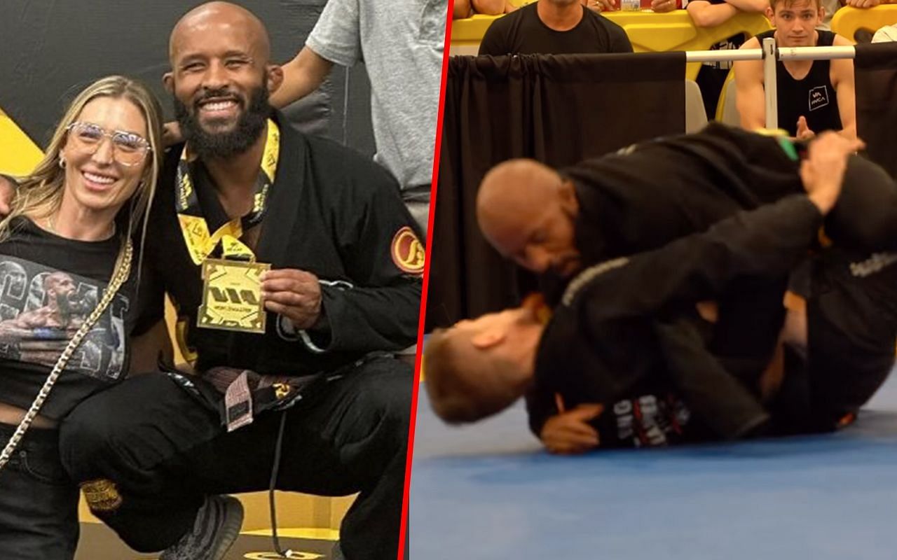 Demetrious Johnson during the IBJJF awarding ceremony (left) and Johnson competing during the tournament (right)