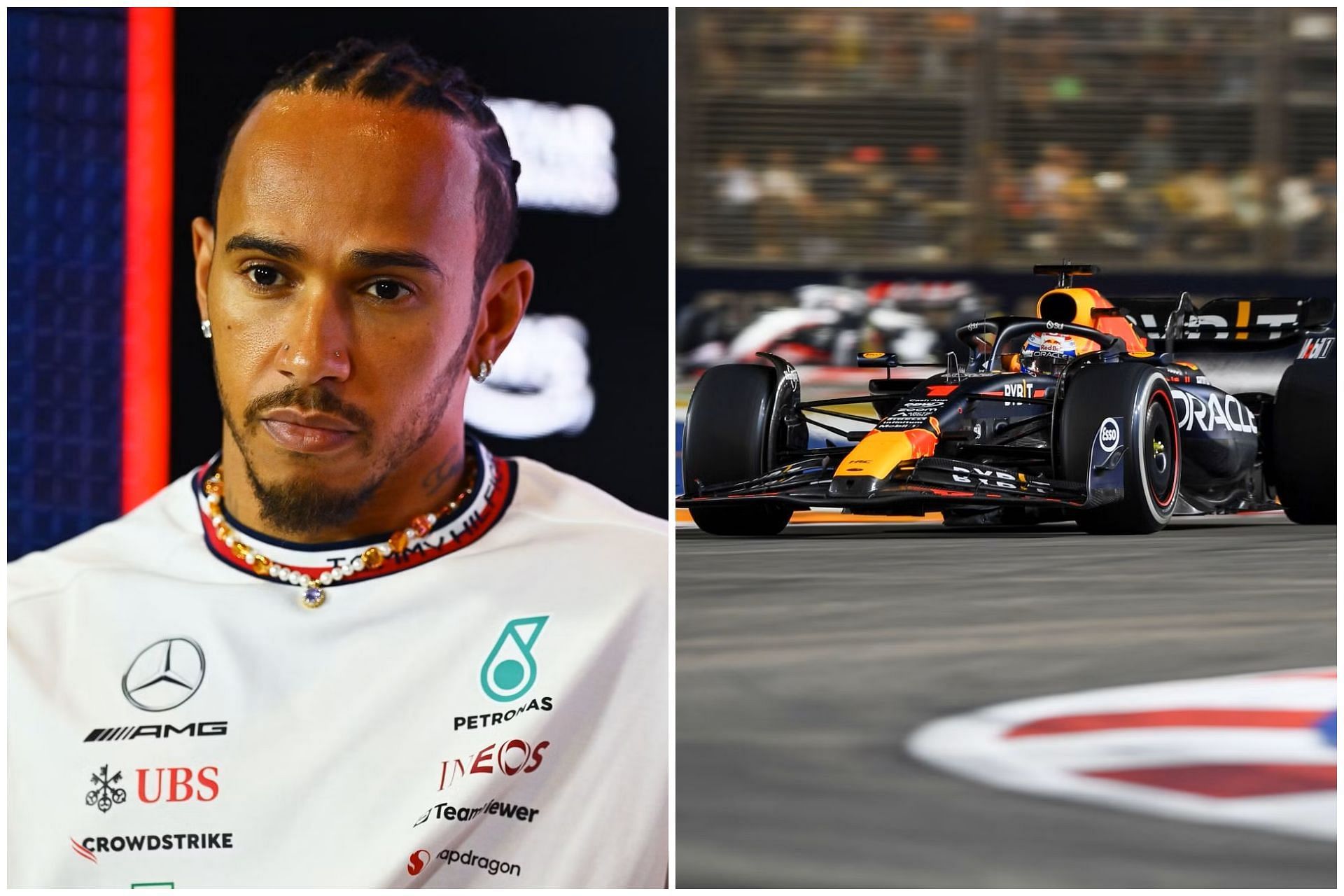 Lewis Hamilton (L) and Red Bull RB19 (R) (Collage via Sportskeeda)
