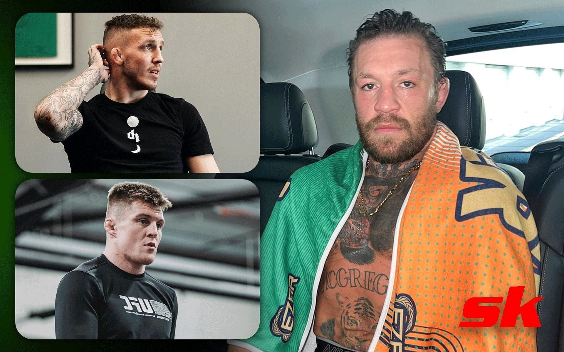 Rhys McKee (top left), Caolan Loughran (bottom left) and Conor McGregor (right) [Image credits: @thenotoriousmma, @rhysmckeemma and @doncaolan135 on Instagram]