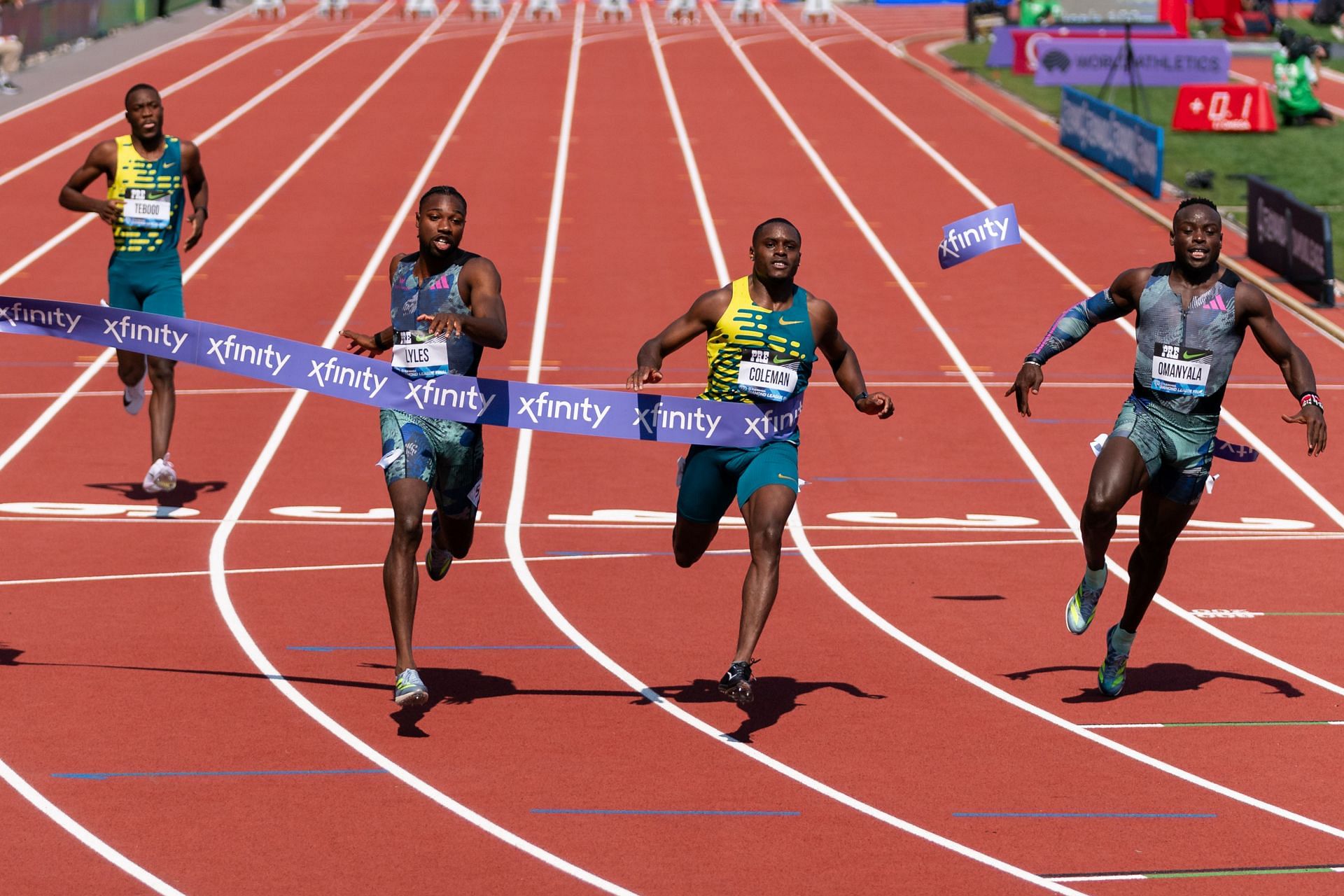 Noah Lyles finishes behind Christian Coleman in the men&#039;s 100m at the Prefontaine Classic: Day 1 - 2023 Diamond League