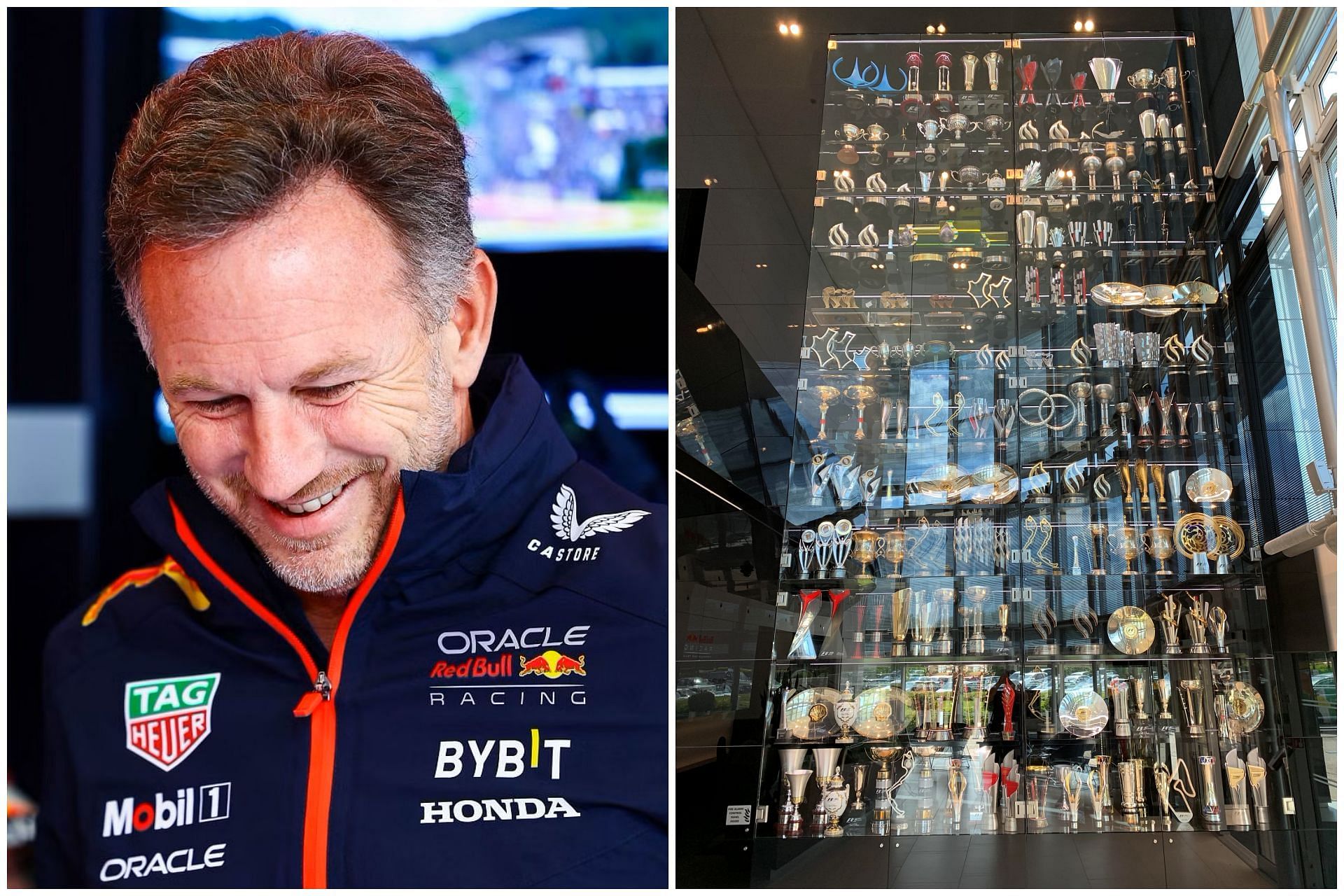 Christian Horner (L) and Red Bull Racing trophy room in Milton Keynes factory (R) (Collage via Sportskeeda)