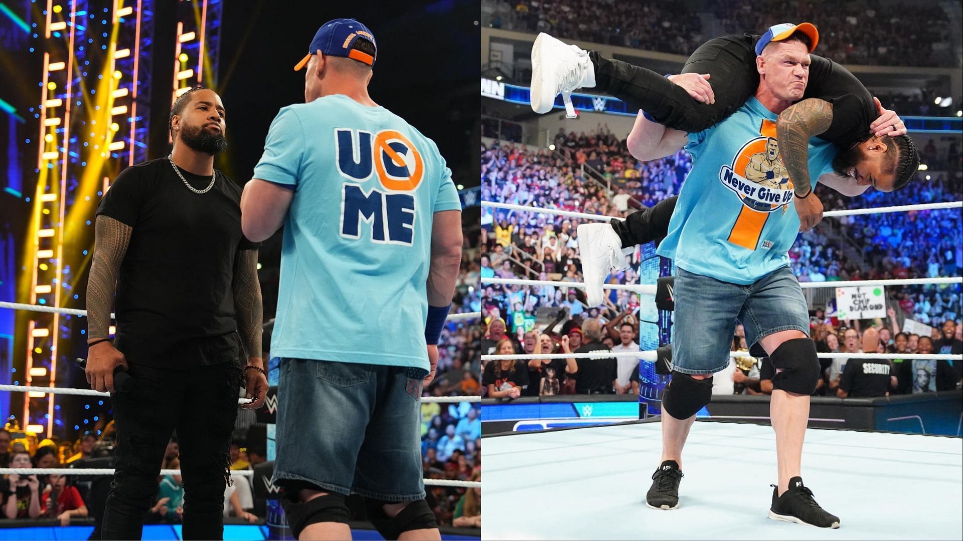 John Cena plants Jimmy Uso with an AA on SmackDown.
