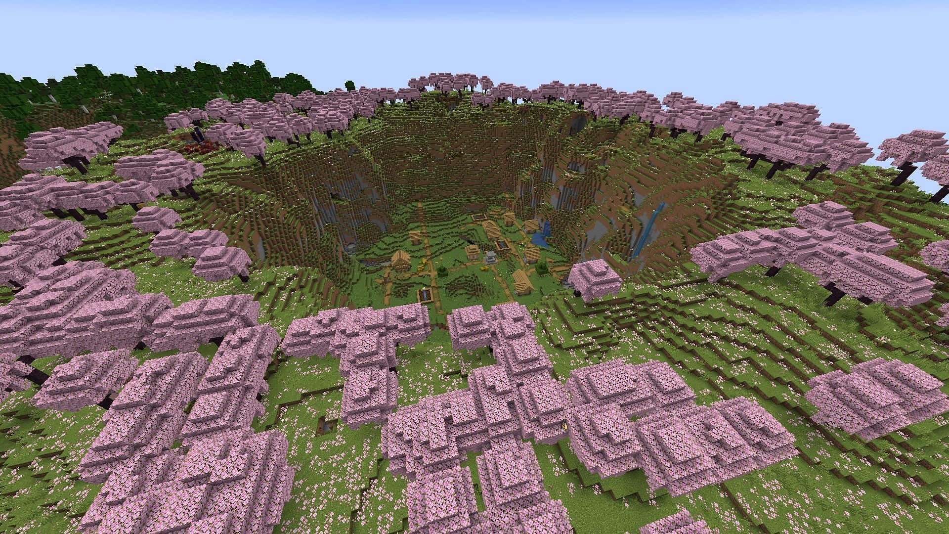 Cherry grove delight with a village at its heart (Image via Mojang)