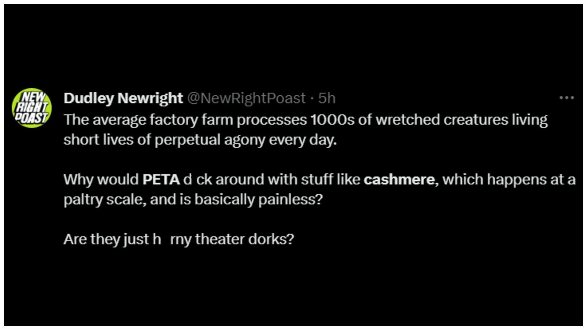 A netizen slamming PETA for its recent protest at the London Fashion Week. (Image via X/Dudley Newright)