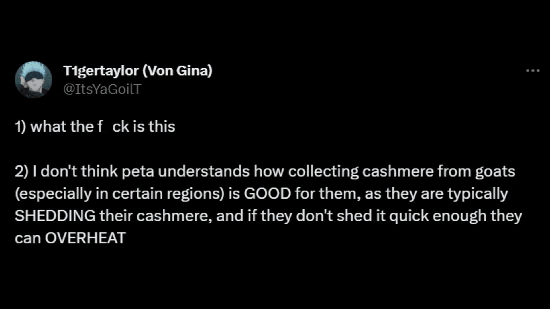 A netizen calls out PETA for being ignorant of the actual process of acquiring the wool. (Image via X/T1gertaylor (Von Gina))
