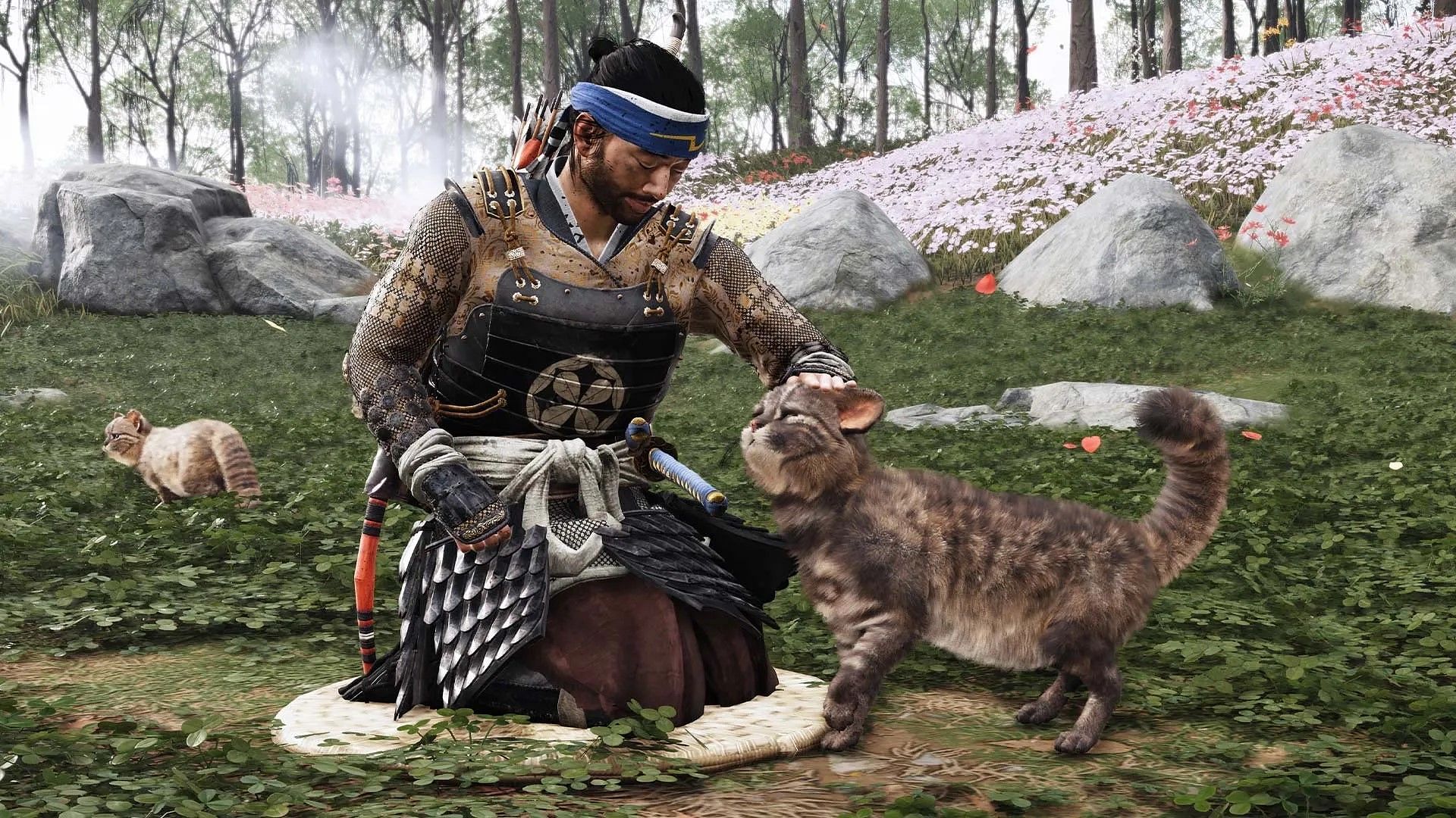 Petting cats in Ghost of Tsushima (Image via PlayStation)