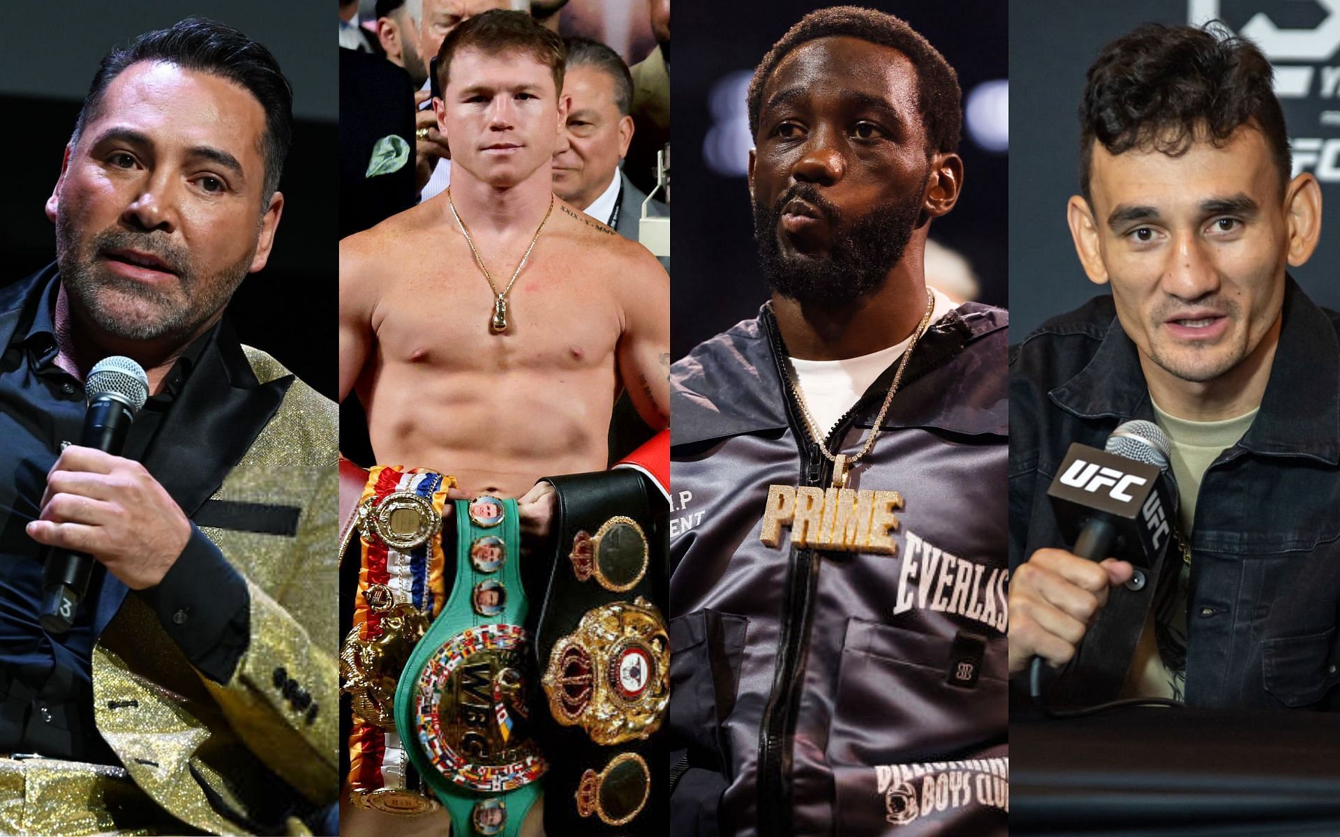 Oscar De La Hoya (left), Canelo Alvarez and Terence Crawford (middle) and Max Holloway (right) [Images Courtesy: @GettyImages]