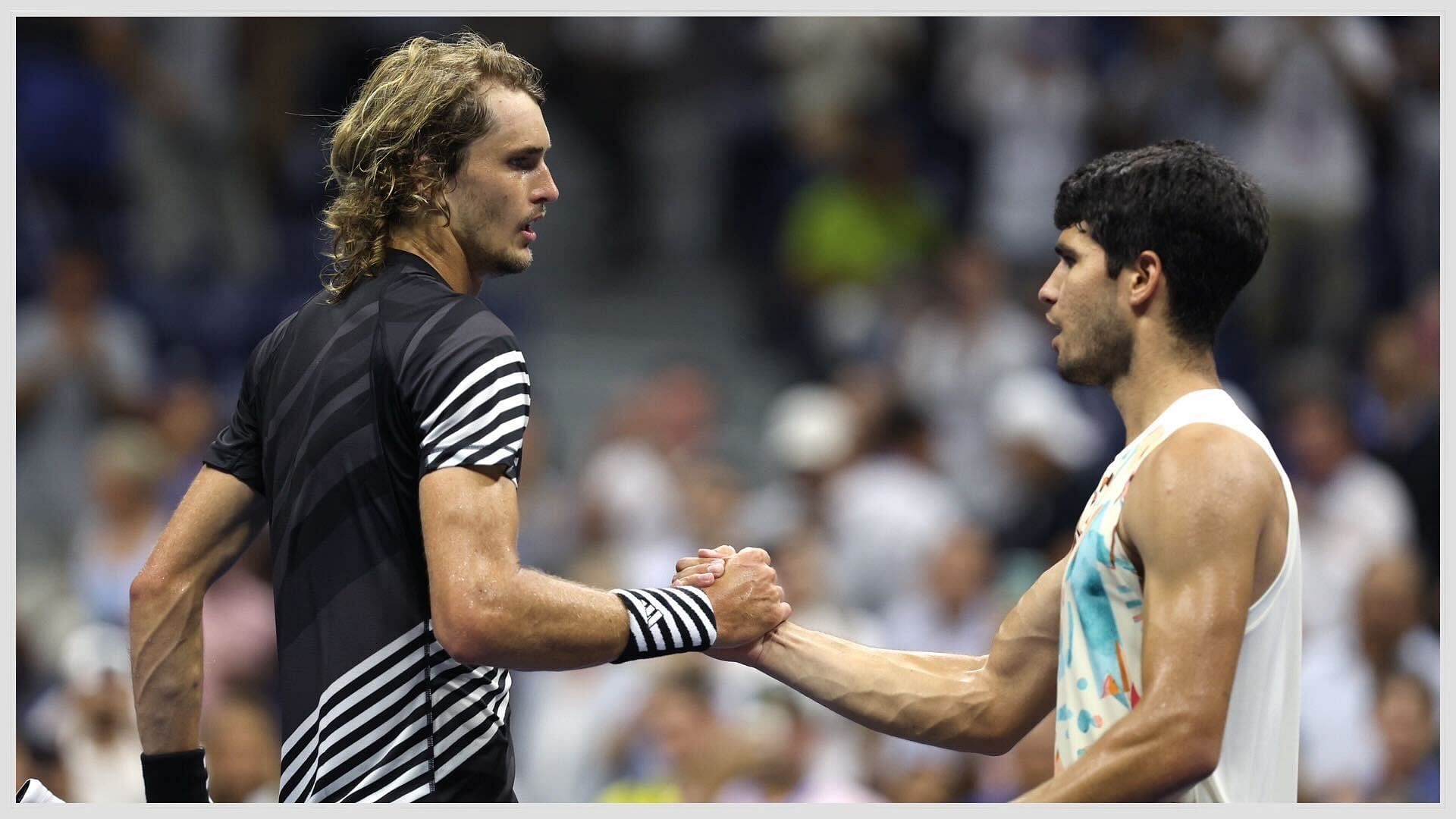 Alexander Zverev(left) shakes hands with Carlos Alcaraz(right) in the quarterfinals of the 2023 us Open
