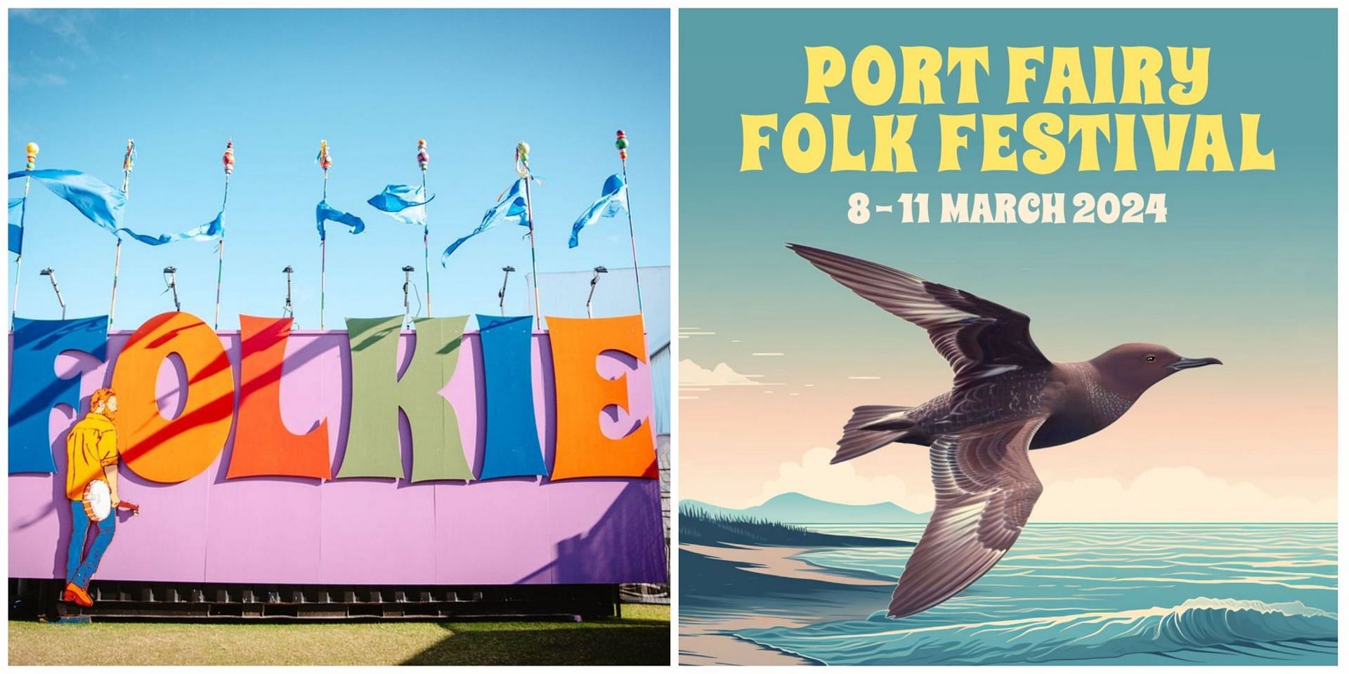 Port Fairy Folk Festival grounds and poster (Images via official Instagram page @portfairyfolkfestival)