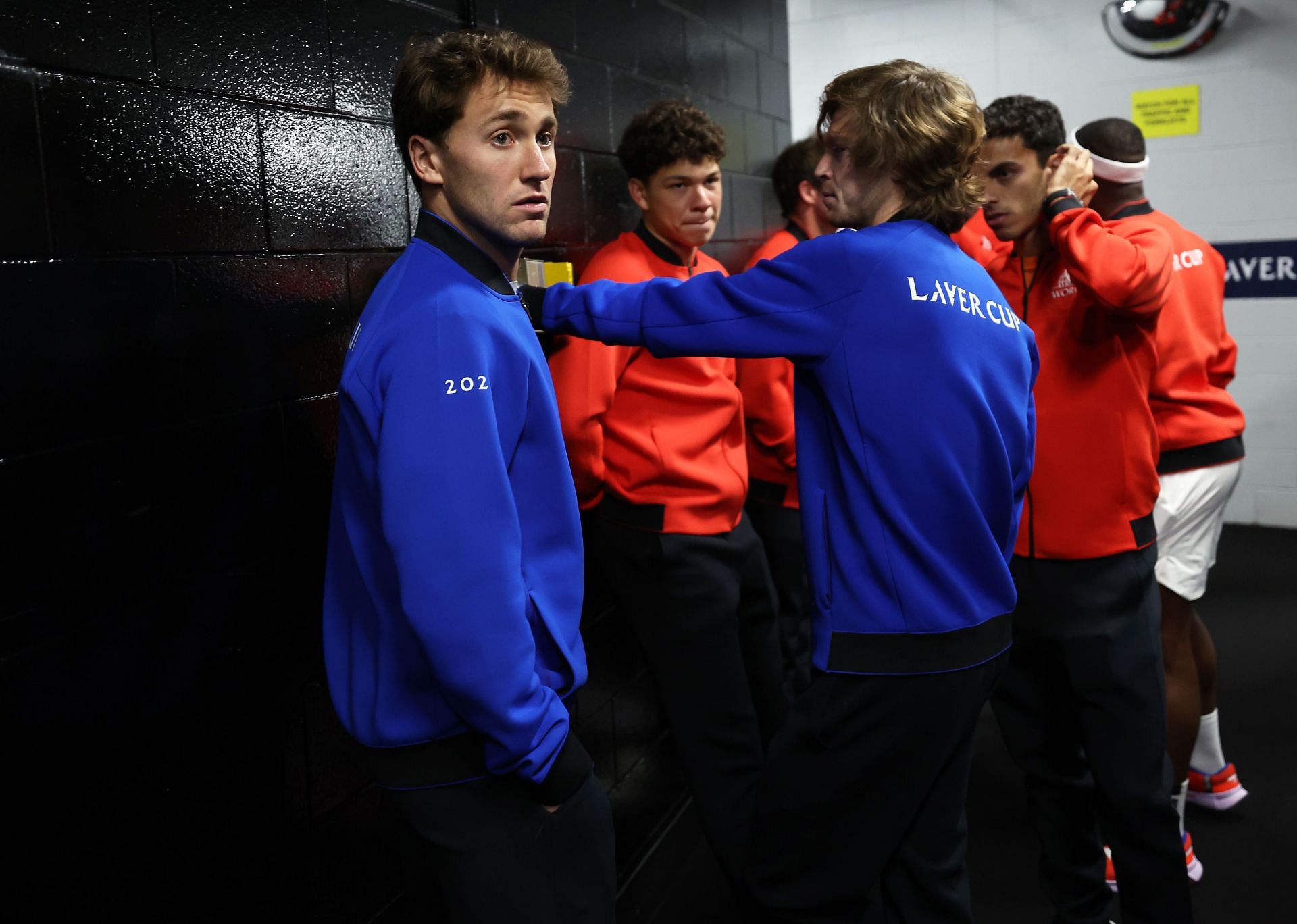 Casper Ruud and Andrey Rublev of Team Europe alongside Team World at Laver Cup 2023