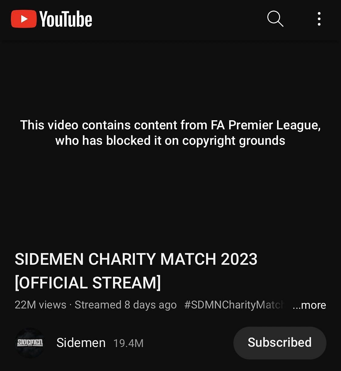 The official stream for the Charity Match was removed temporarily (Image via Twitter/X)