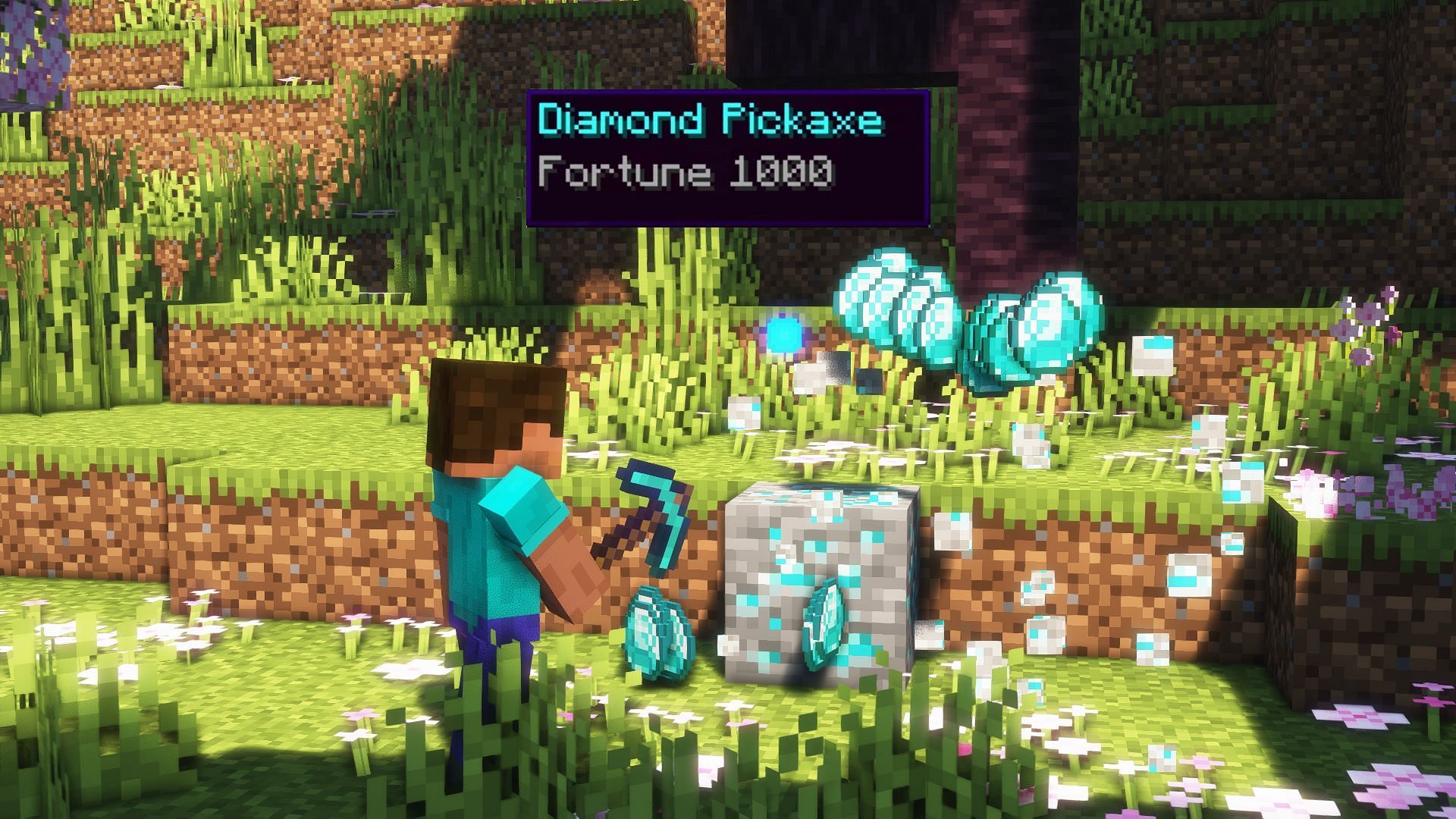 Steve using a diamond pickaxe with Fortune 1000 (Image via Mojang)