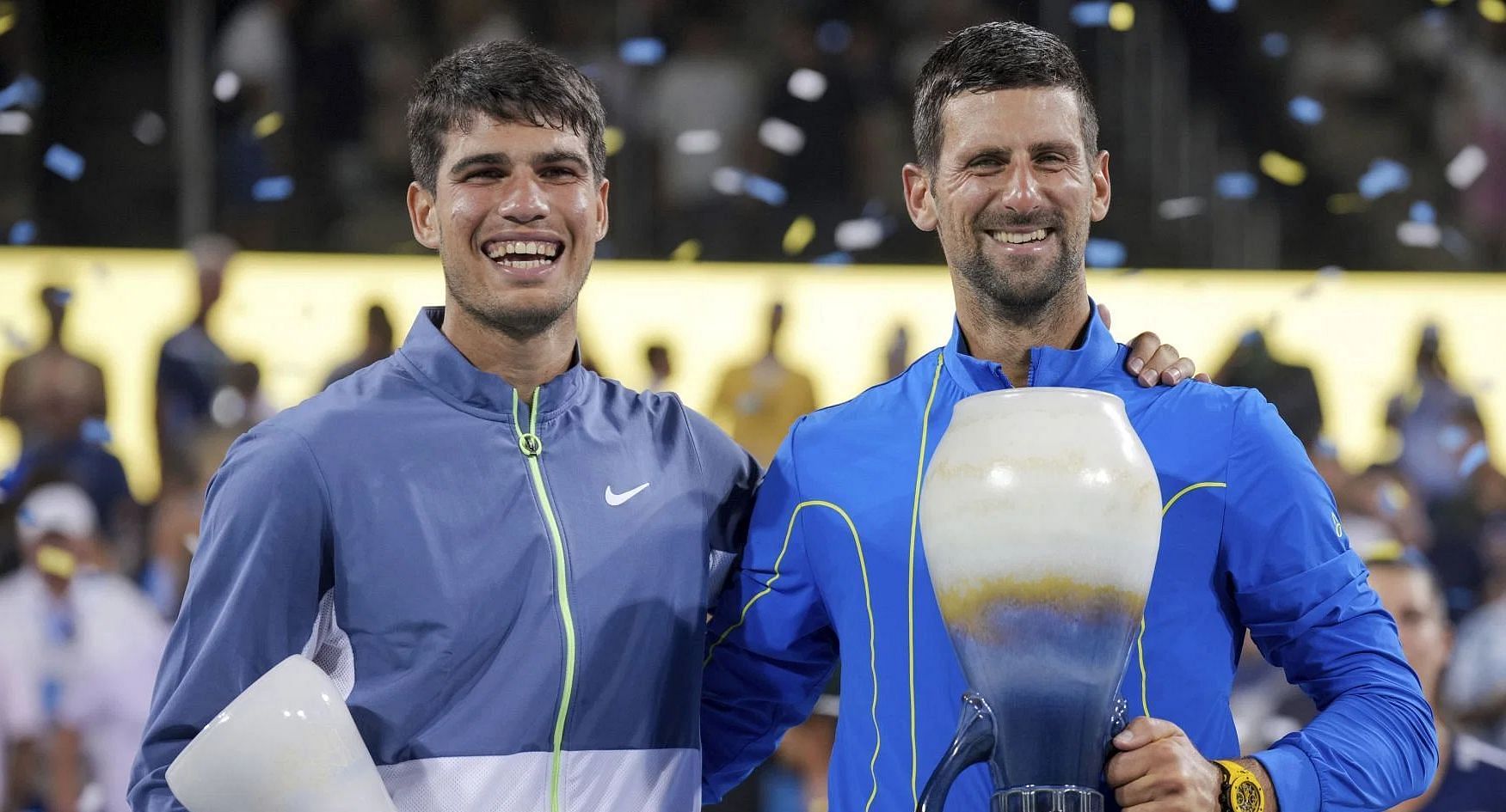 Carlos Alcaraz and Novak Djokovic during the presentation ceremony of the 2023 Cincinnati Masters.