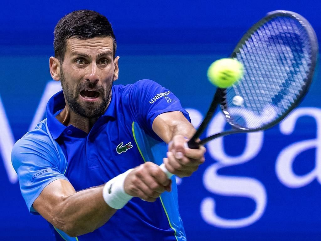 Novak Djokovic hits a backhand at the 2023 US Open