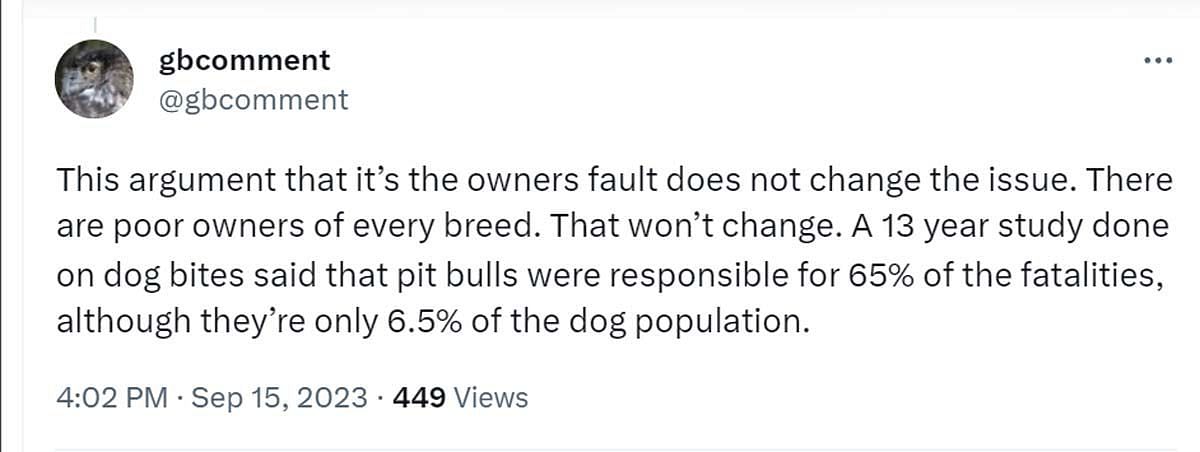 A comment reacting to the news of banning American XL Bully (Image via Twitter/ @gbcomment)