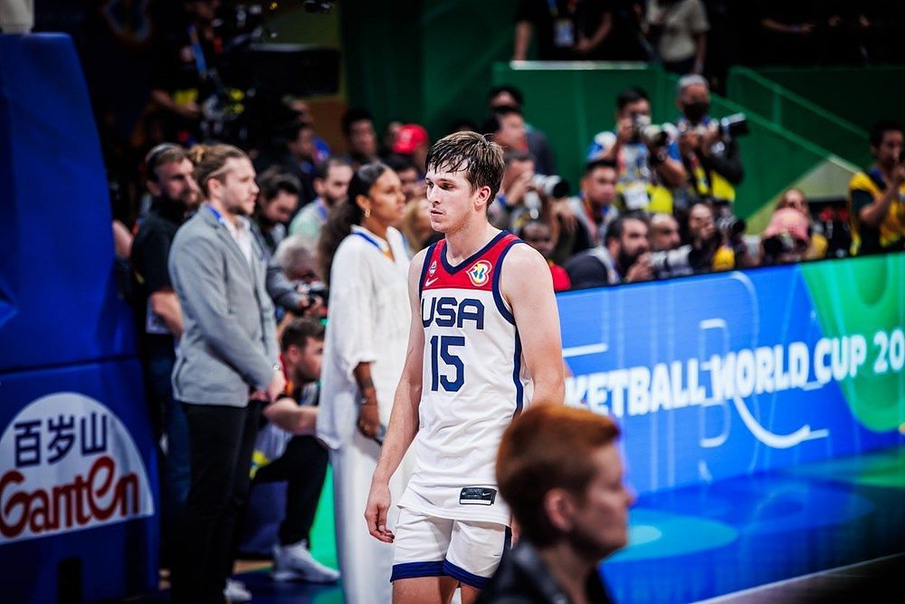 Austin Reaves walks away off the court after Team USA suffered a brutal loss against Germany at the 2023 FIBA World Cup Semifinals