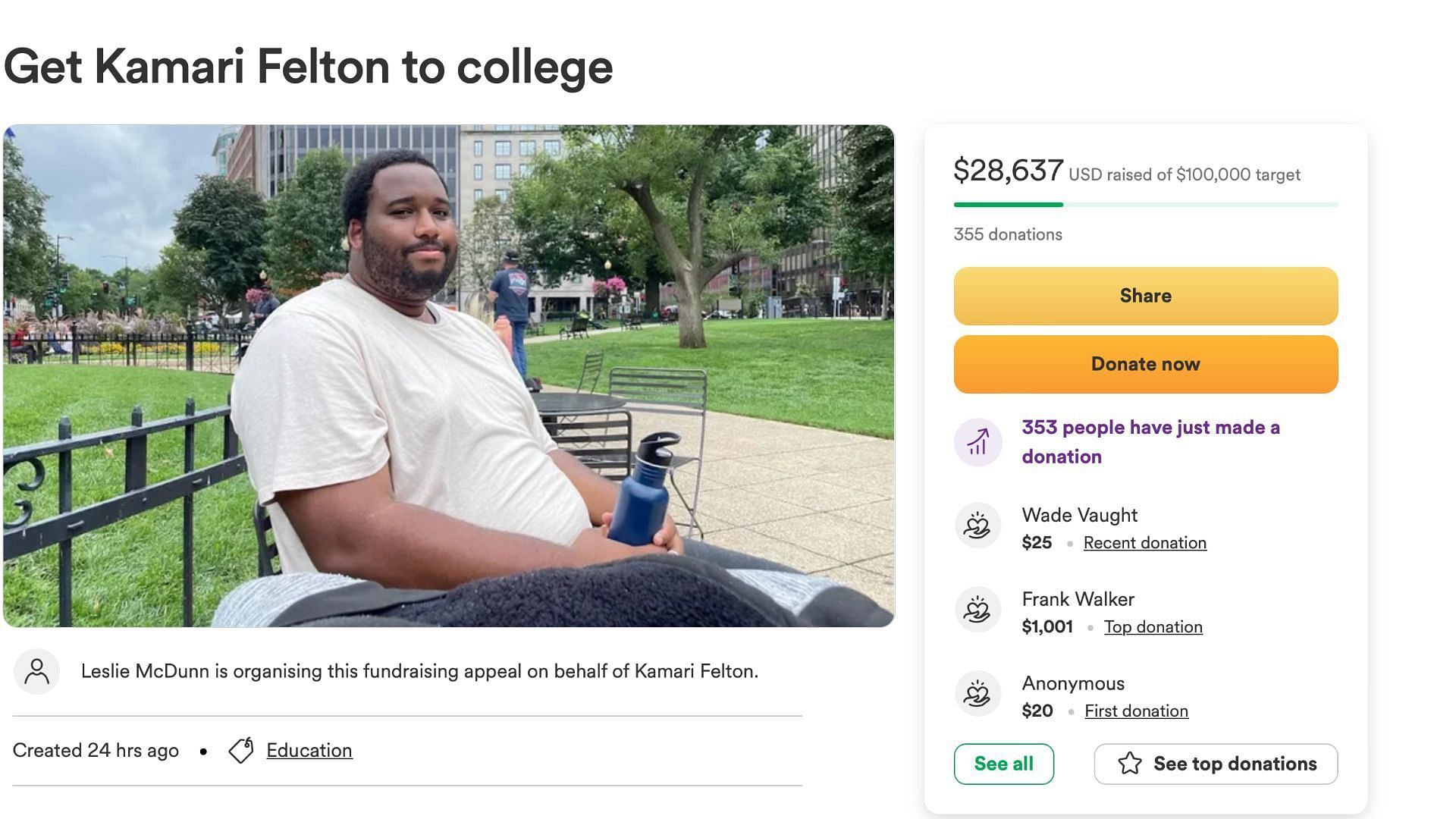 Funds for Felton were raised on GoFundMe (Image via GoFundMe.com)