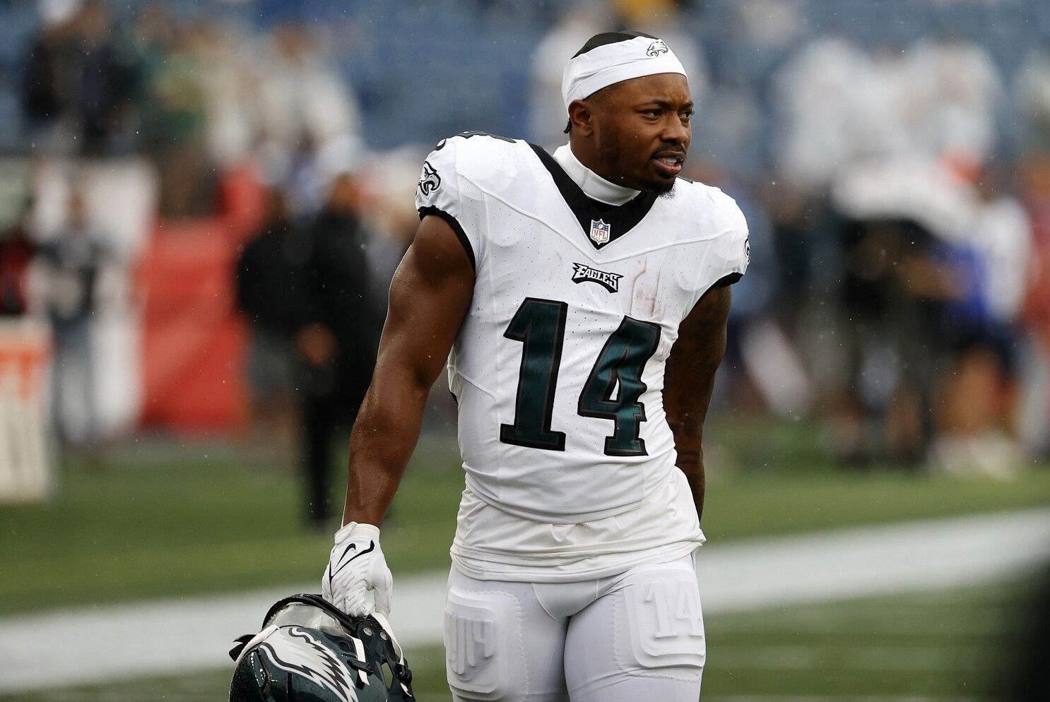 Philadelphia Eagles running back Kenneth Gainwell (14) walks off the field  after an NFL football game against the New York Giants, Sunday, Nov. 28,  2021, in East Rutherford, N.J. (AP Photo/Adam Hunger