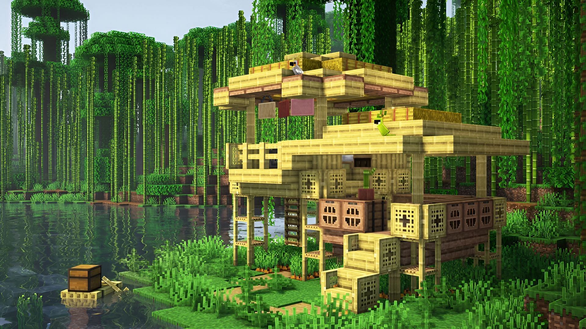 Dramatic minecraft house with pool and abstract trees