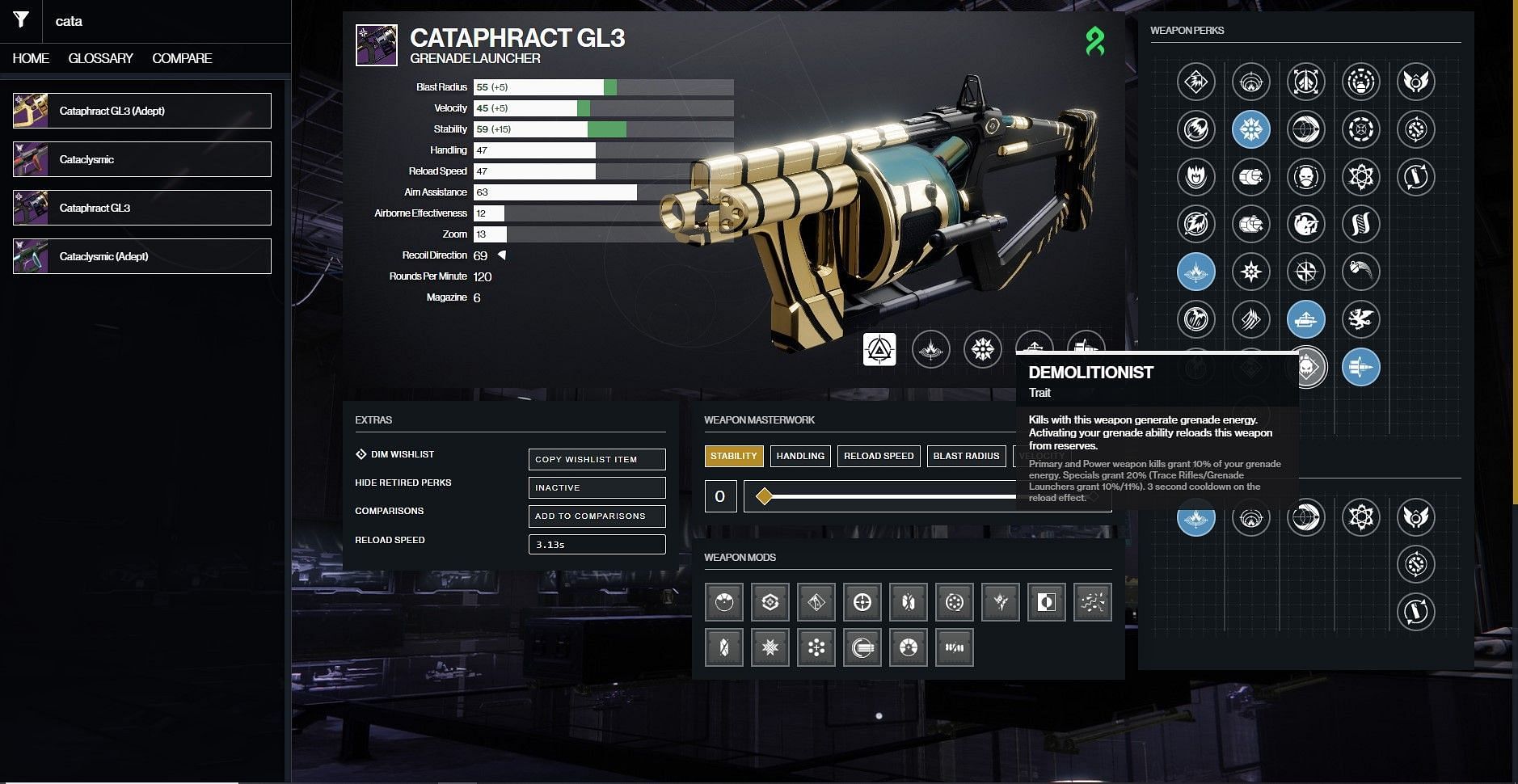Cataphract GL3 god roll for boss DPS (Image via D2Gunsmith)