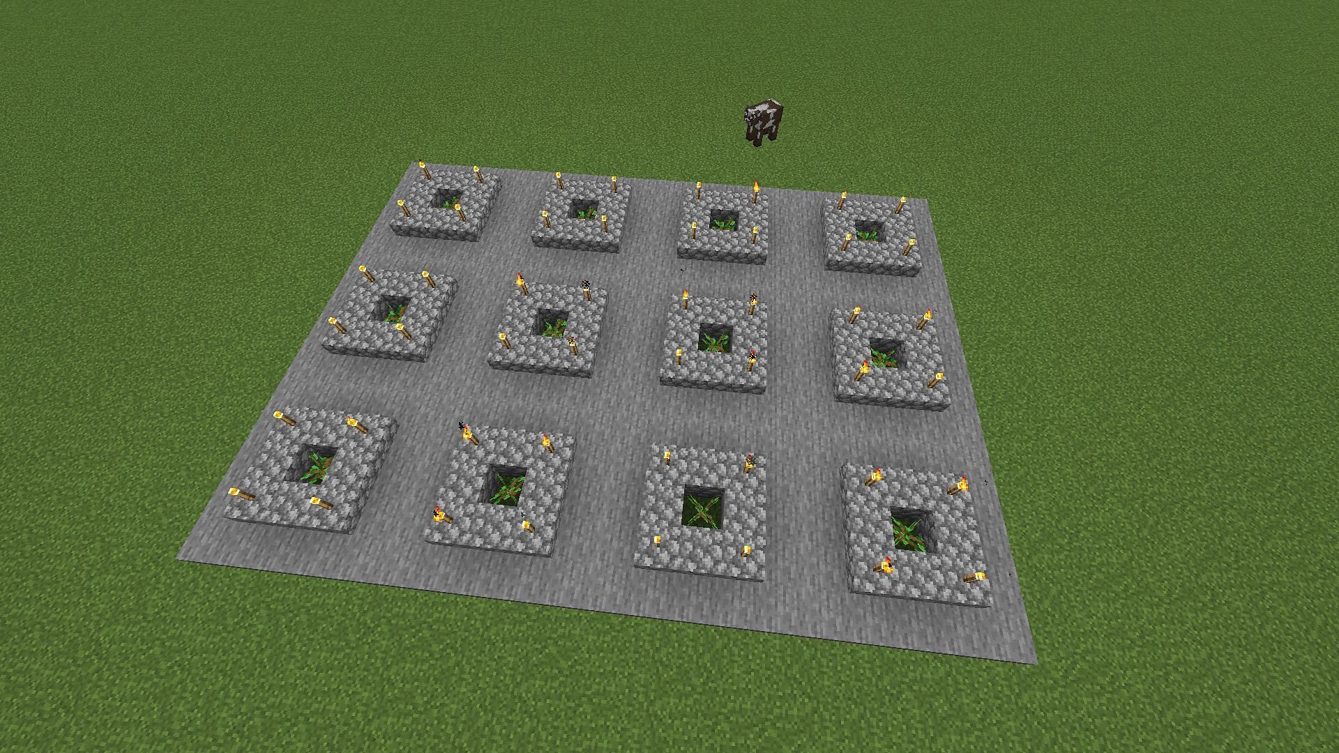 Torches are added to the planter boxes, and saplings are placed for the tree farm (Image via Mojang)