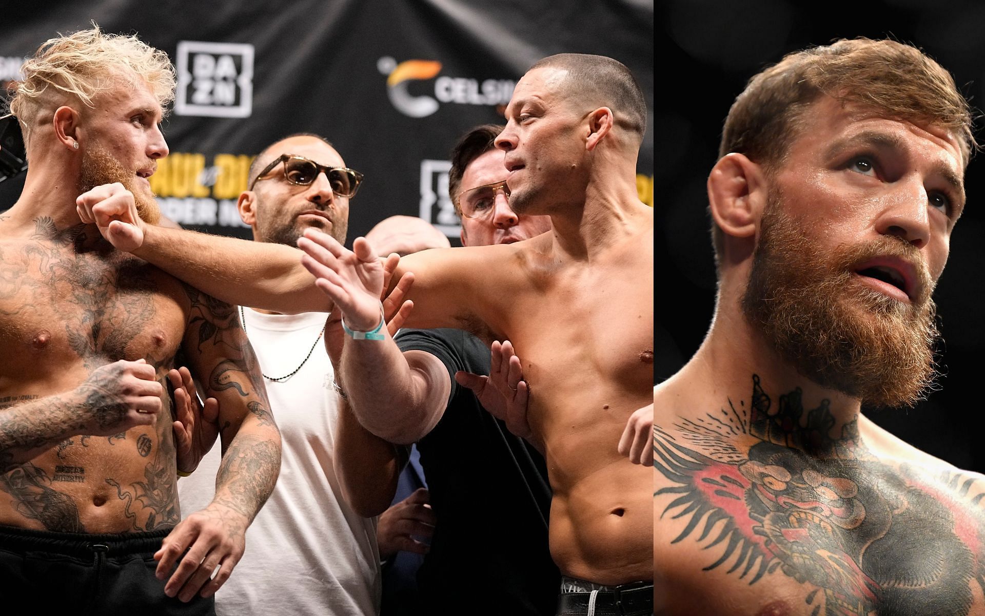 Jake Paul vs Nate Diaz (left) and Conor McGregor (right). [via Getty Images]