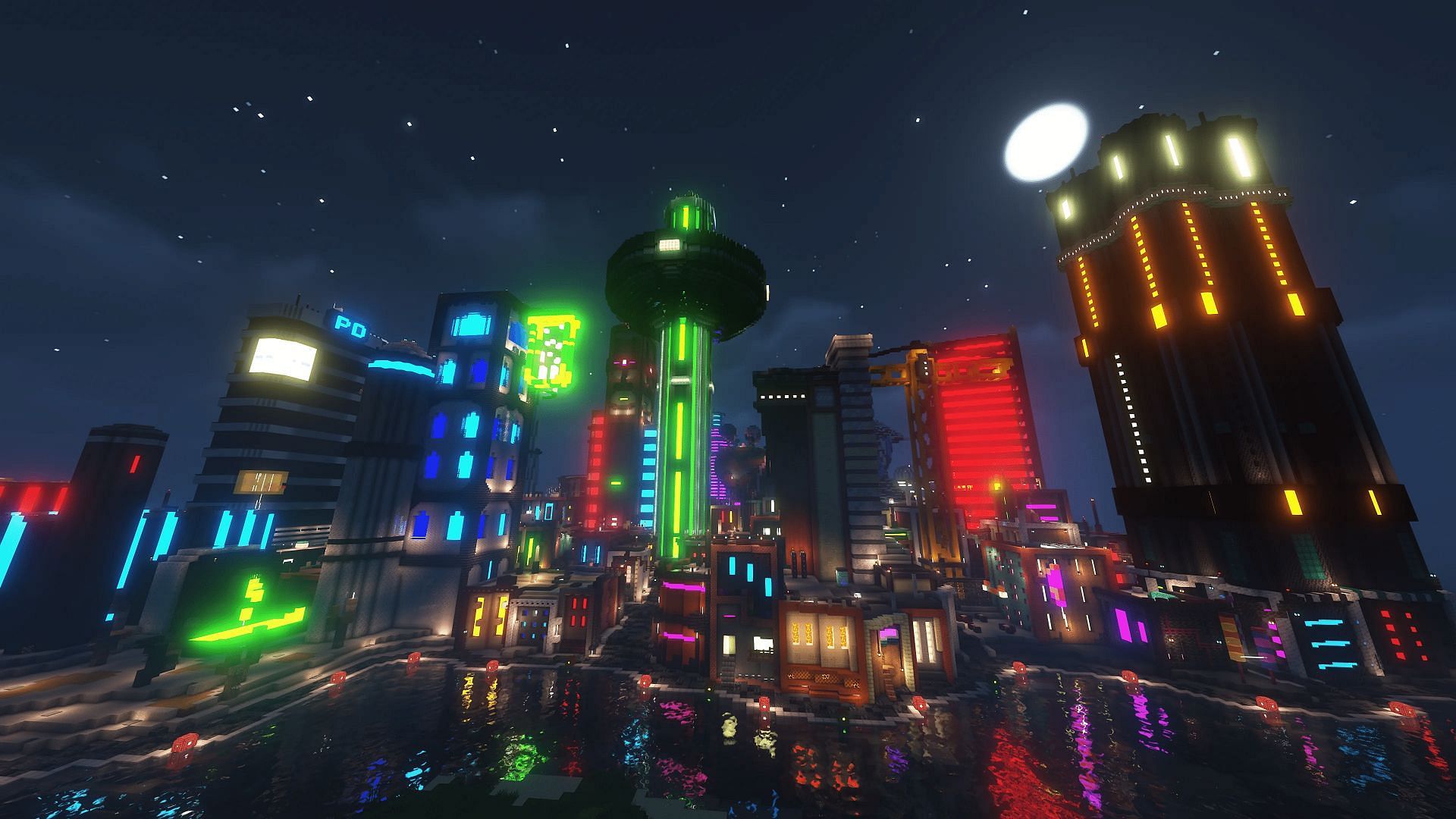 A cyberpunk sci-fi city build created by a Minecraft player.