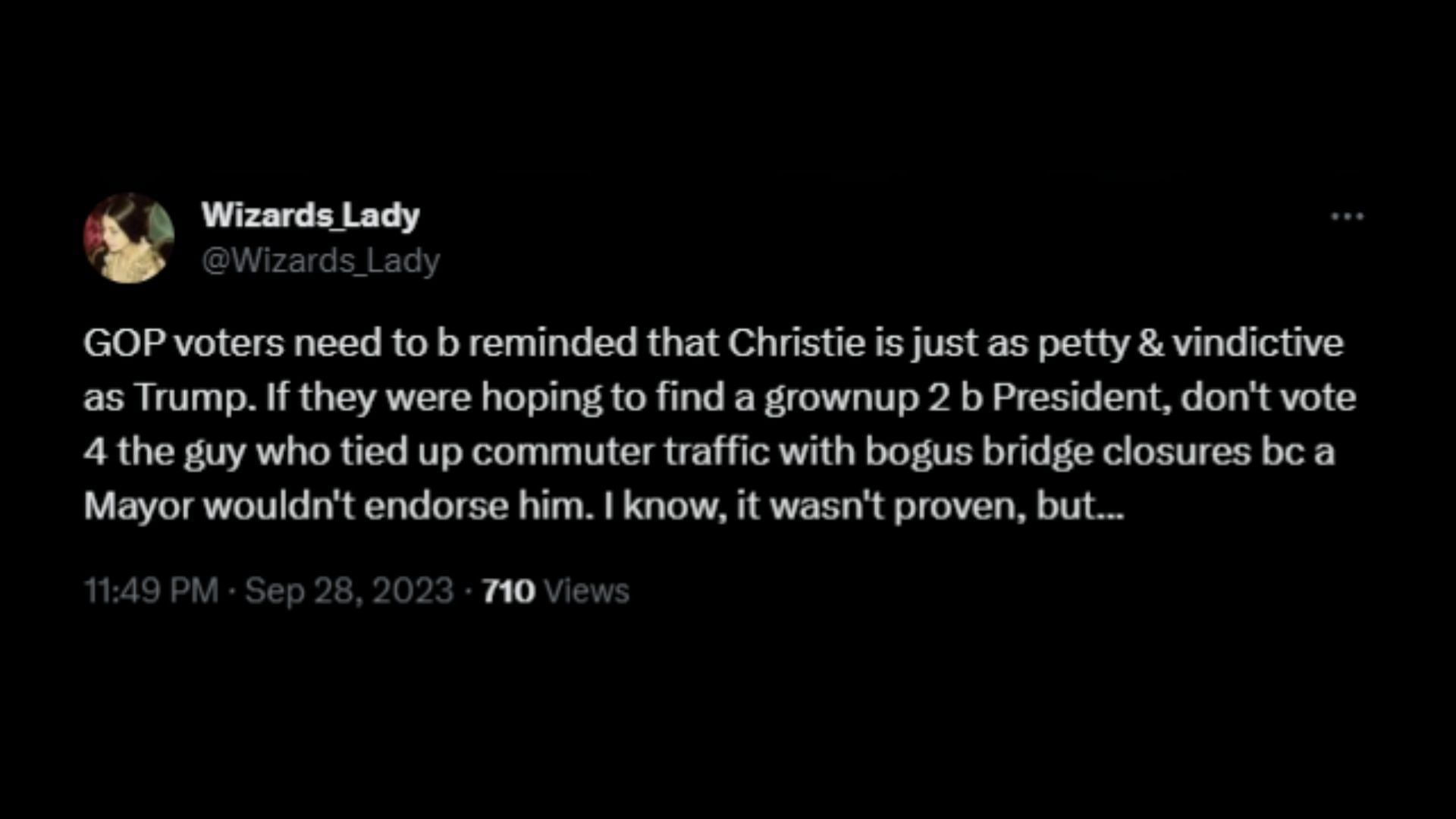 Screenshot of an X user remarking on Christie&#039;s comments on Jill Biden. (Photo via @DrGJackBrown/X)