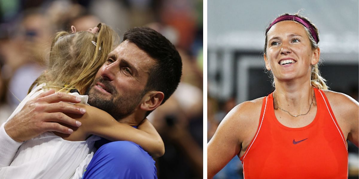 Novak Djokovic hugging his daughter Tara (L) and Victoria Azarenka (R)