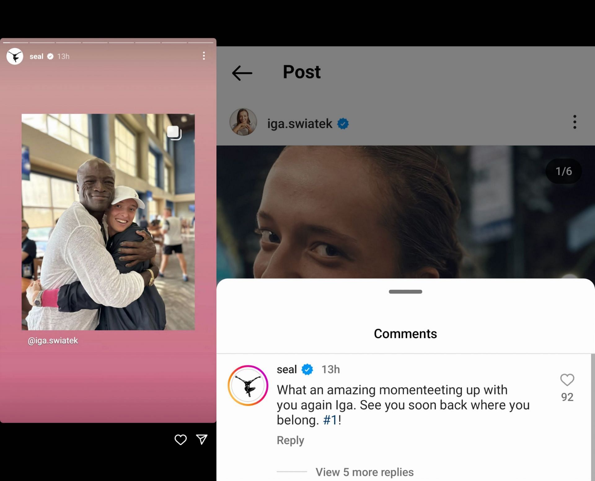 Screengrab of Seal&#039;s Instagram story (L) and his comment under Iga Swiatek&#039;s post (R)