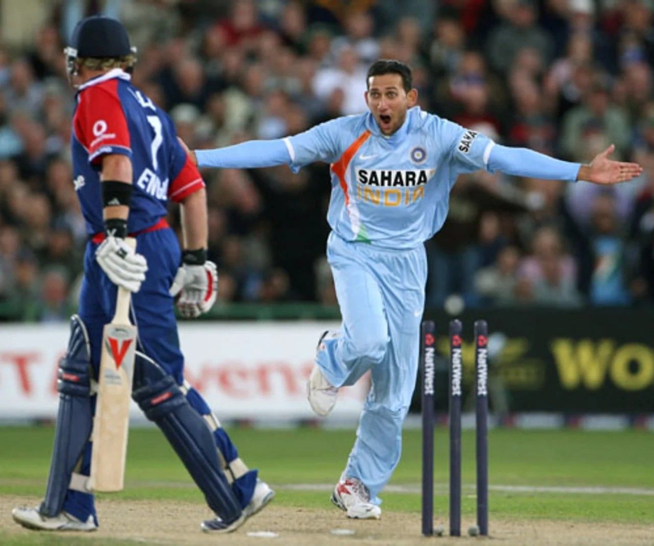 Ajit Agarkar after dismissing Ian Bell of England [Getty Images]