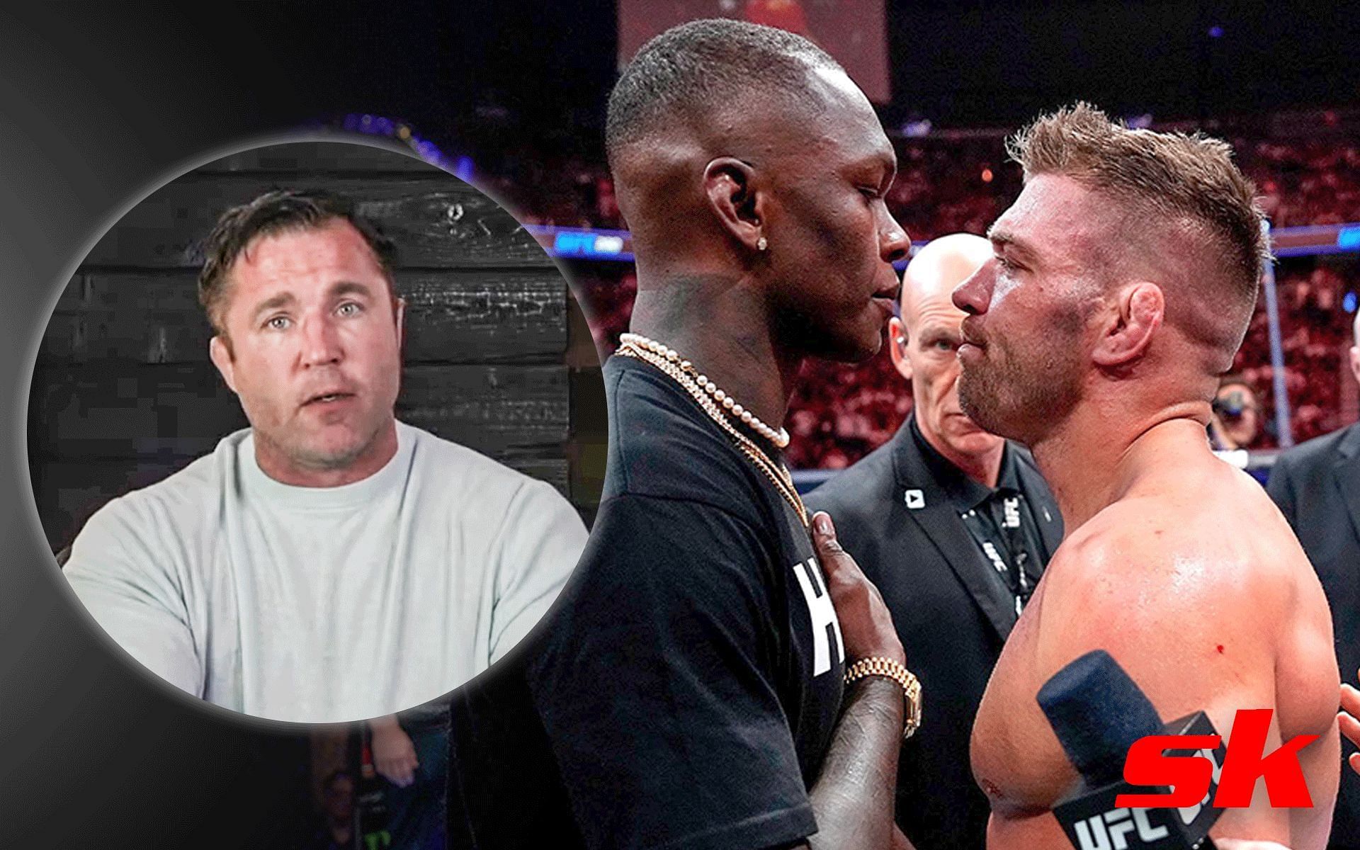 Chael Sonnen (left) [image courtesy of @ChaelSonnenOfficial/YouTube]; Israel Adesanya and Dricus du Plessis (right) [image courtesy of @SportsmanBro/Twitter]