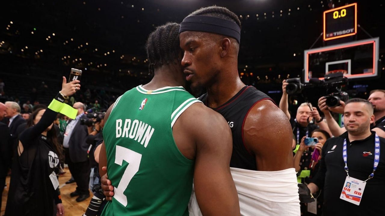 Jaylen Brown of the Boston Celtics and Jimmy Butler of the Miami Heat.